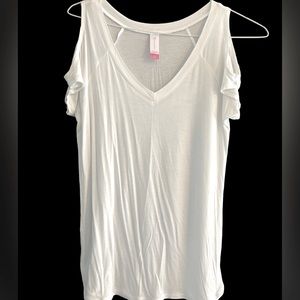 White shoulder, less sleeve, V-neck T-shirt